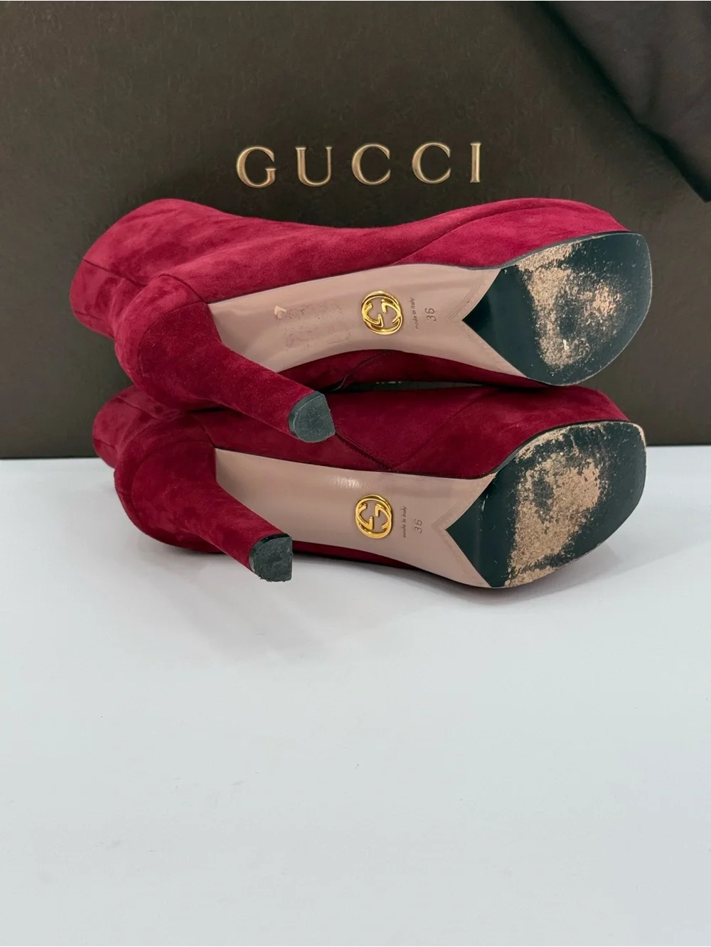 Gucci Kid Scamosciato Burgundy Suede Platform Ankle Boots Heels Zip Luxury SZ 6